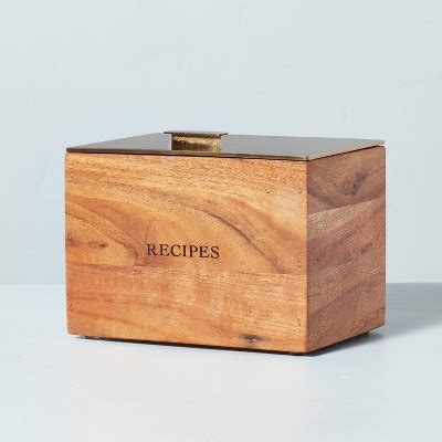 plain metal recipe box with handle|wooden recipe box with metal lid.